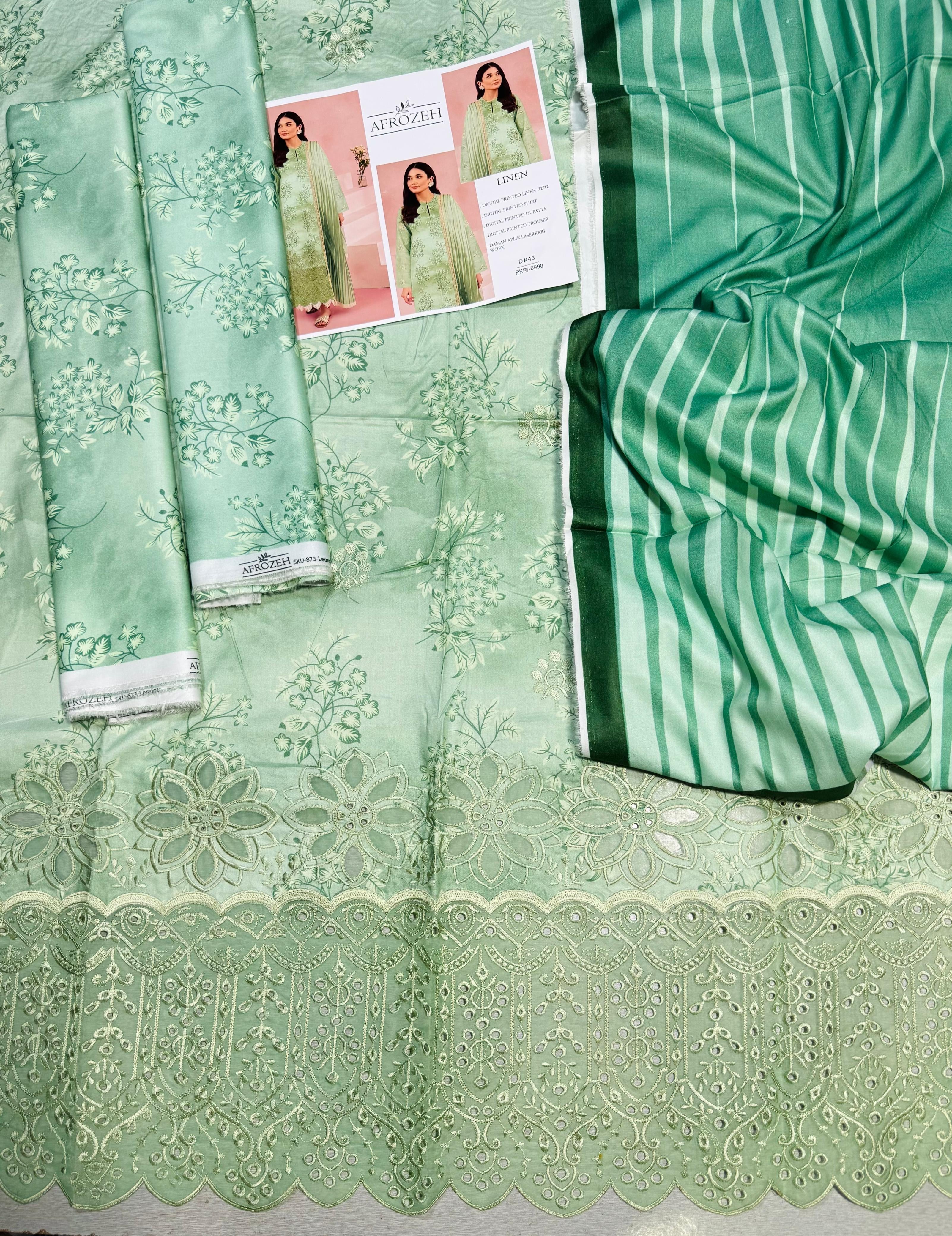 AFROZEH LUXE APLIC DAMAN EMBROIDERED+PRINTED UNSTICHED LINEN 3pc