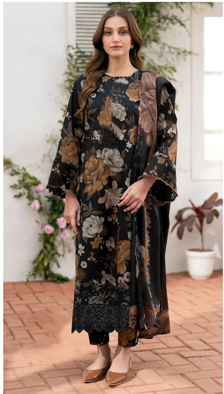 BAROQUE DAMAN APLIC WORK PRINTED-EMBROIDERED LINEN UNSTICHED 3PC (SL-2384)