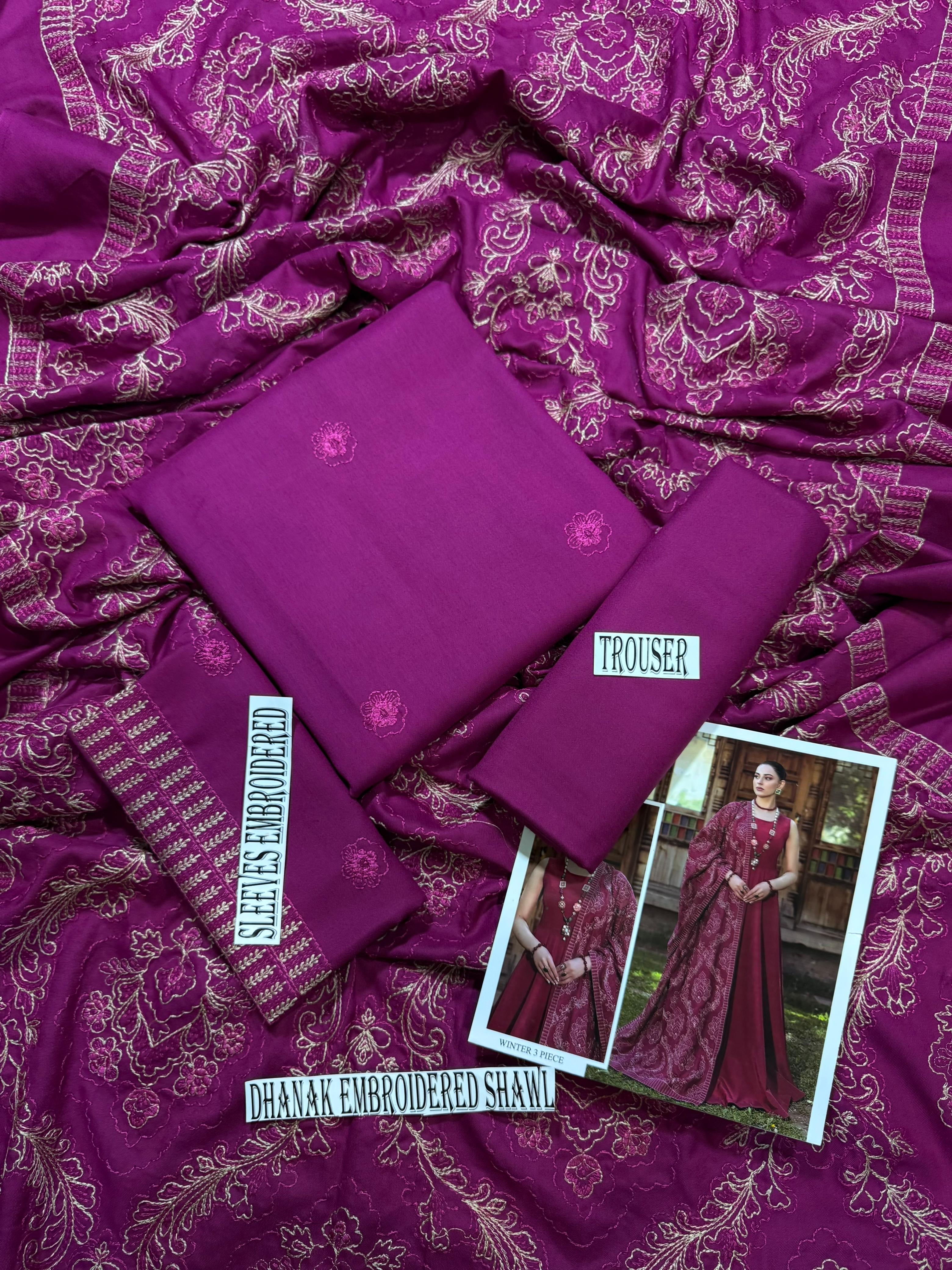 BAREEZE-HEAVY EMBROIDERED DHANAK UNSTICH 3pc (SL-842)