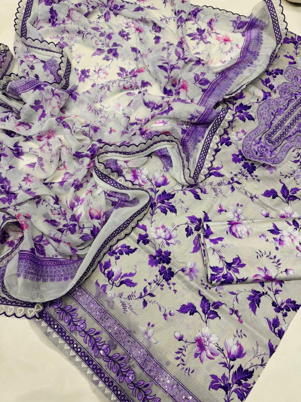 Purple Bloom Lawn Unstiched 3pc Printed With Patches SL-1955