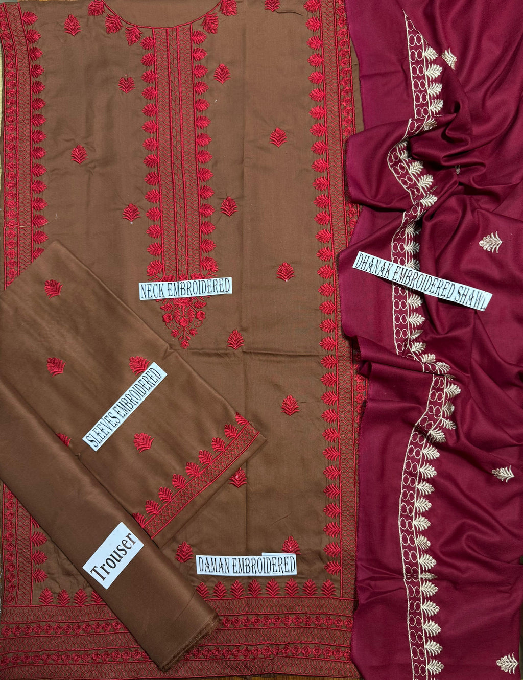 ASIM JOFA EMBROIDERED DHANAK 3PC WITH EMBROIDERED DHANAK SHAWL