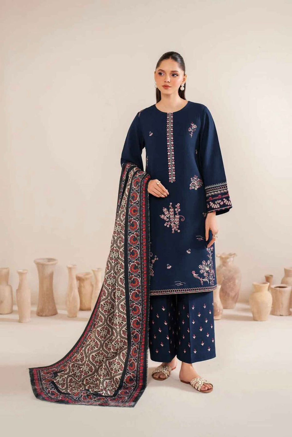 AMEEMA - GARNET EMBROIDERED DHANAK UNSTICHED 3PC (AC-343)