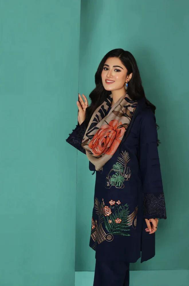 NISHAT BRAND DHANAK EMBROIDERED 3PC WITH EMBROIDERED DHANAK SHAWL
