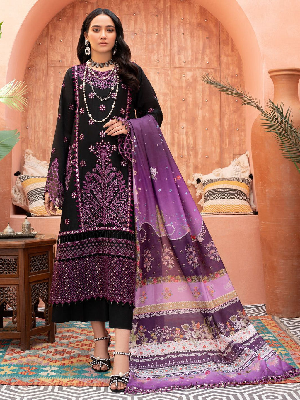 Luxury Adan Libas Black Purple Dhanak Emb 3pc