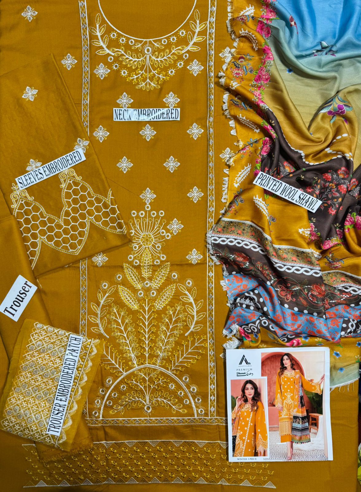 Luxury Adan Libas Golden Dhanak Emb 3pc