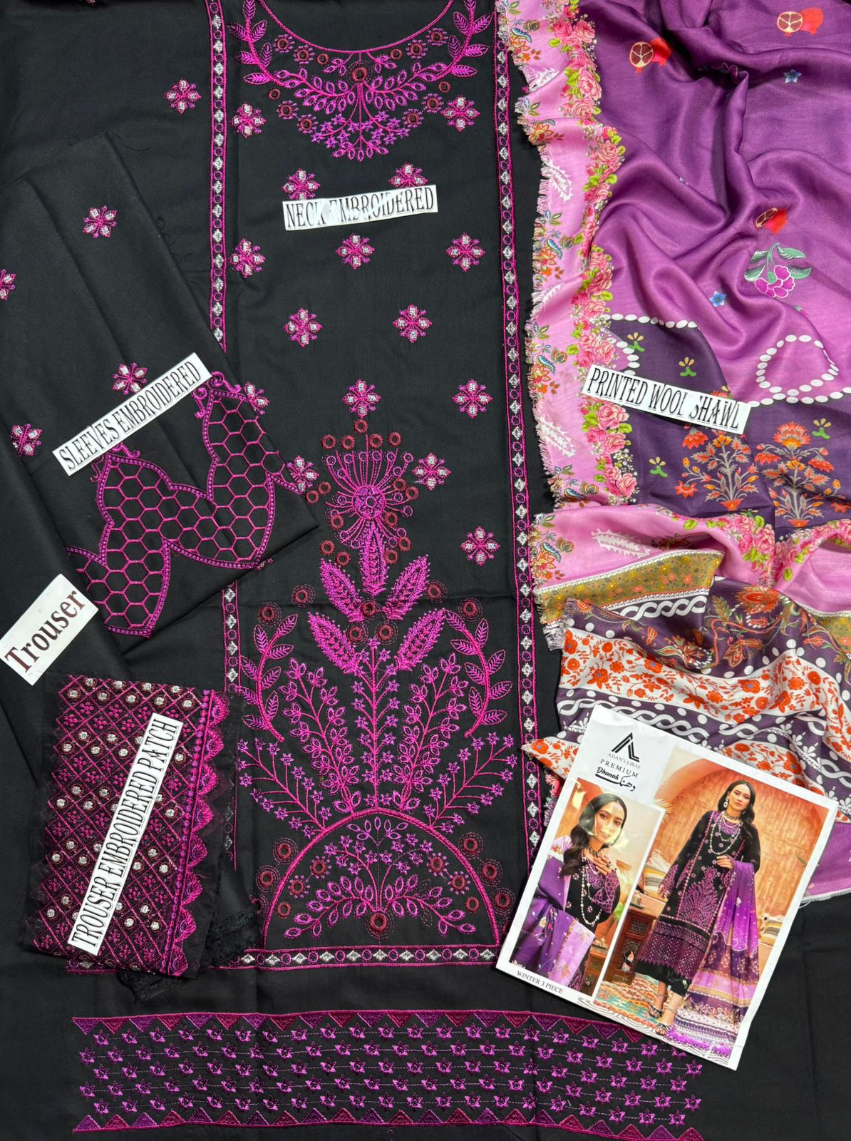 Luxury Adan Libas Black Purple Dhanak Emb 3pc