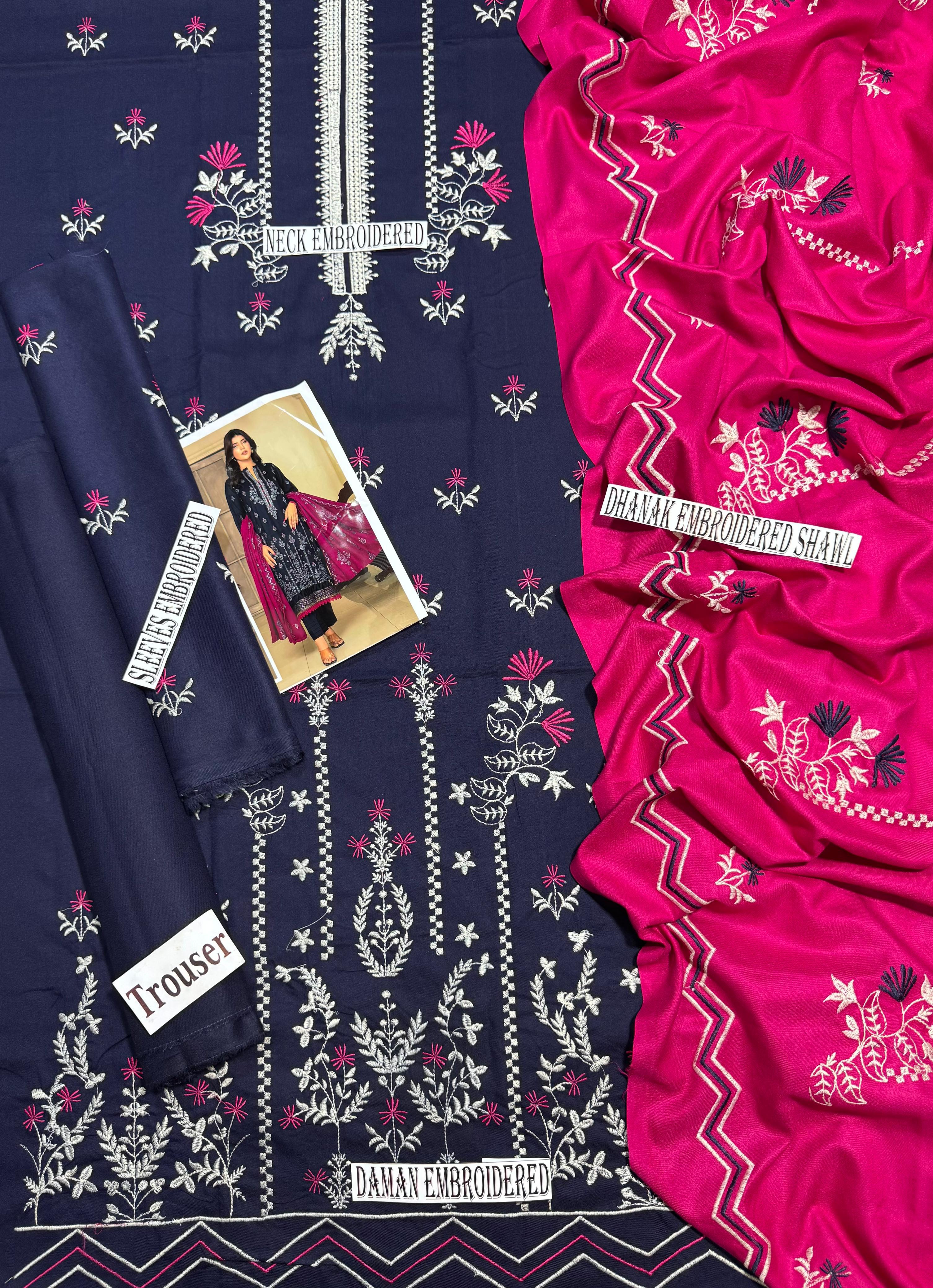 CHARISMA DHANAK EMBROIDERED 3PC WITH EMBROIDERED DHANAK SHAWL