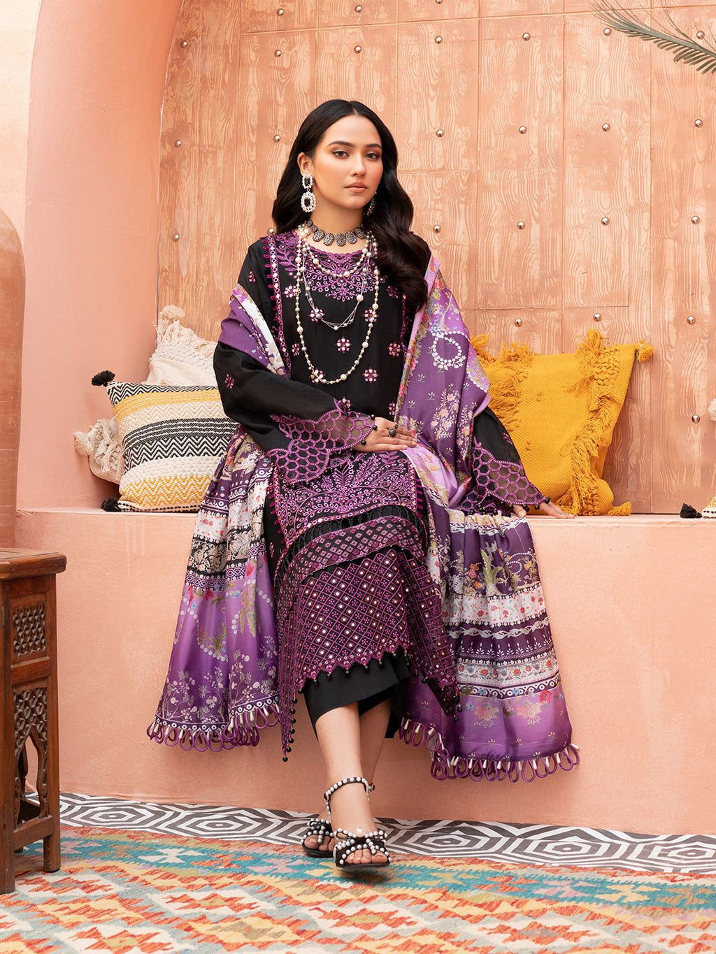 Luxury Adan Libas Black Purple Dhanak Emb 3pc