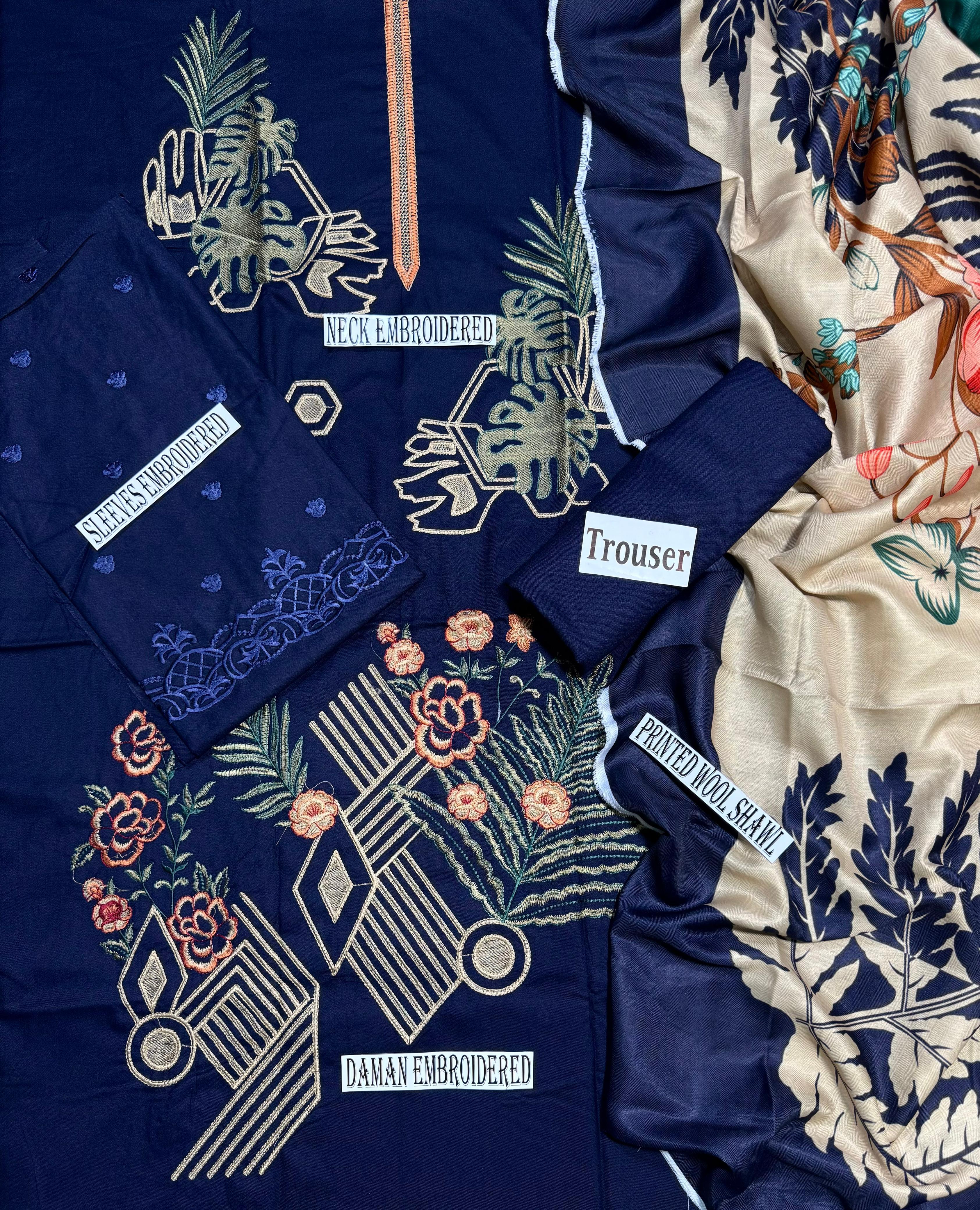 NISHAT BRAND DHANAK EMBROIDERED 3PC WITH EMBROIDERED DHANAK SHAWL